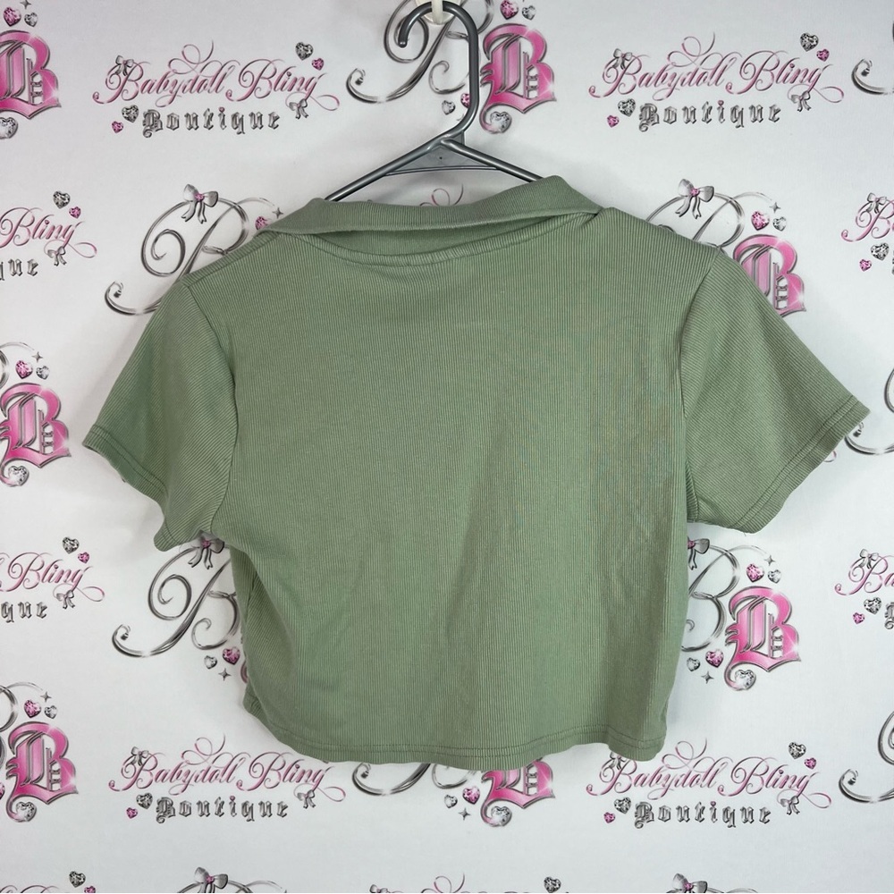 Nickelodeon cropped tshirt SpongeBob Patrick Olive Green Crop Top Embroidery y2k - Picture 2 of 7